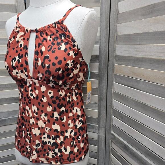 Leopard Print High Neck Keyhole Tankini Top | Kona Sol | Medium (8/10) - Picture 4 of 10